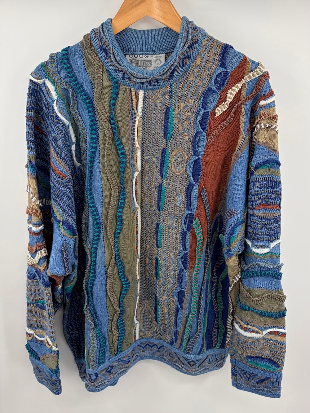 Coogi blues vintage 3D knit crewneck sweater blue earth tones men’s M 80s
